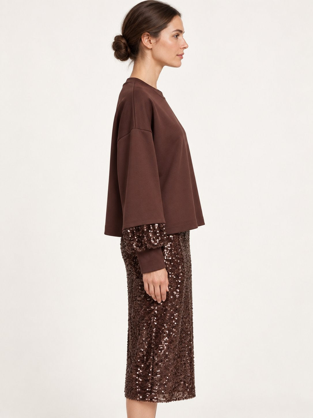 Felpa Marrone con Polsi in Paillettes