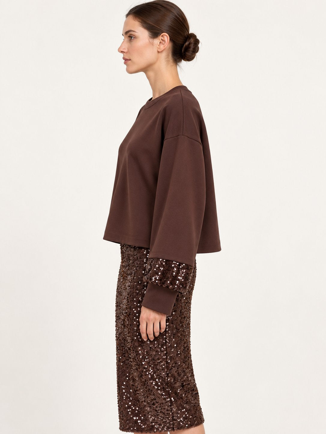 Felpa Marrone con Polsi in Paillettes