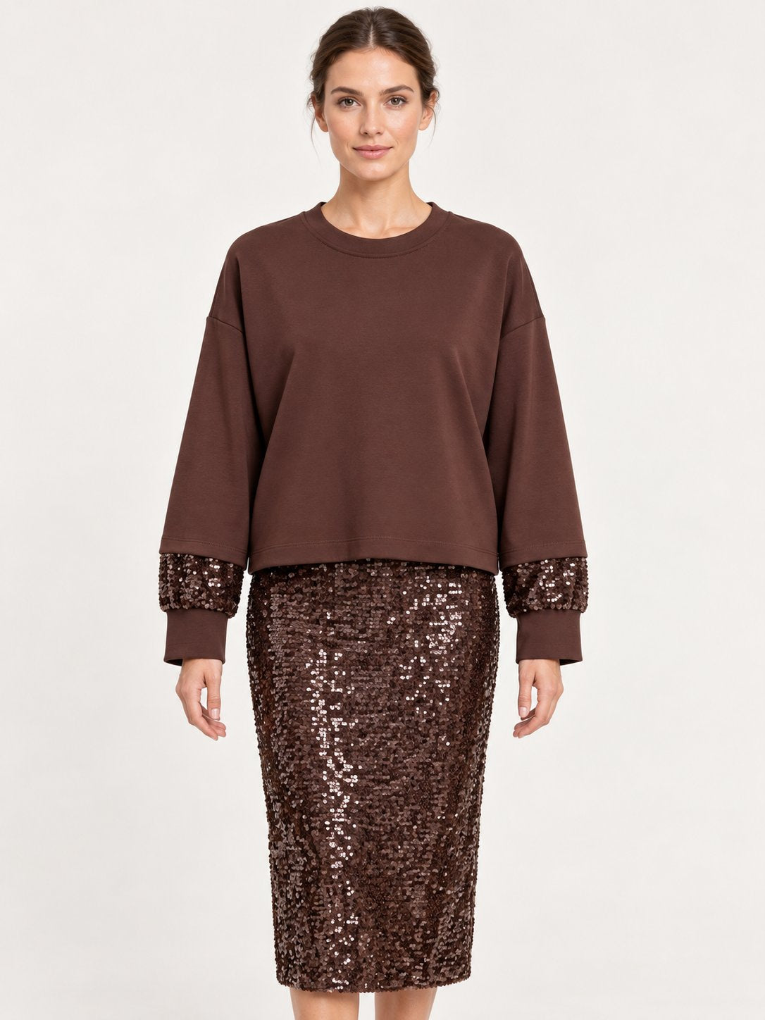 Felpa Marrone con Polsi in Paillettes