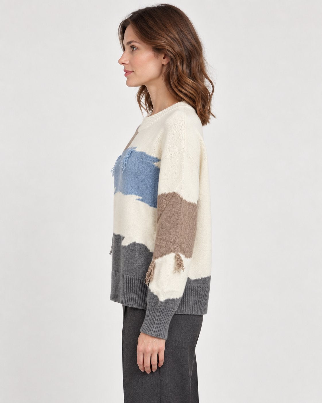 Maglione Girocollo Color Block con Frange