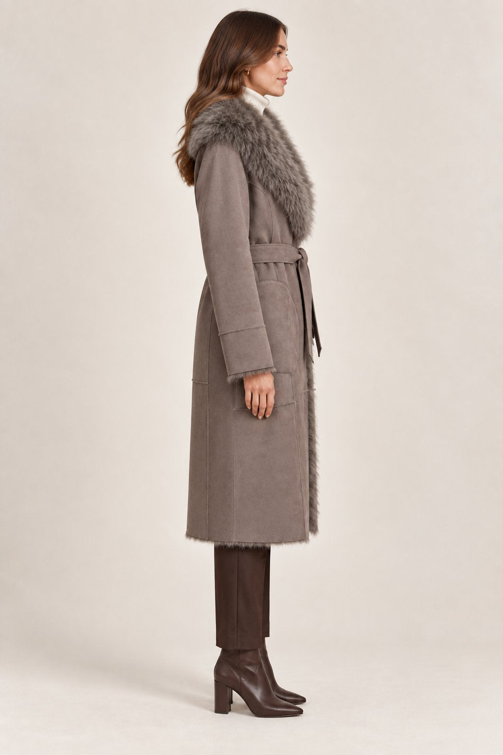 Cappotto lungo effetto montone tortora