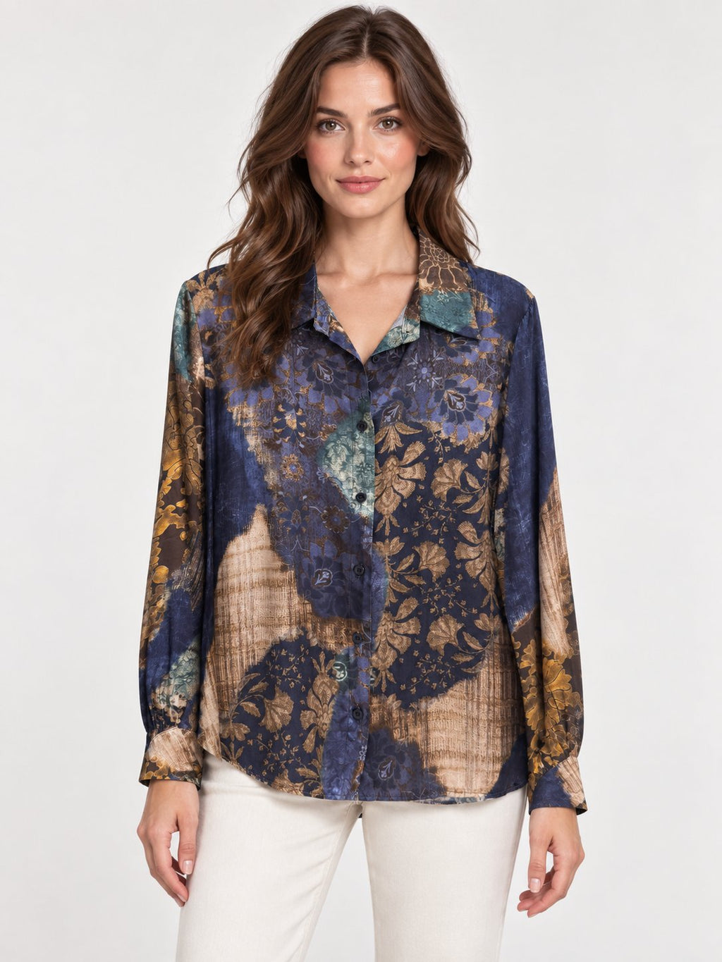 Camicia Fluida con Stampa Patchwork Floreale