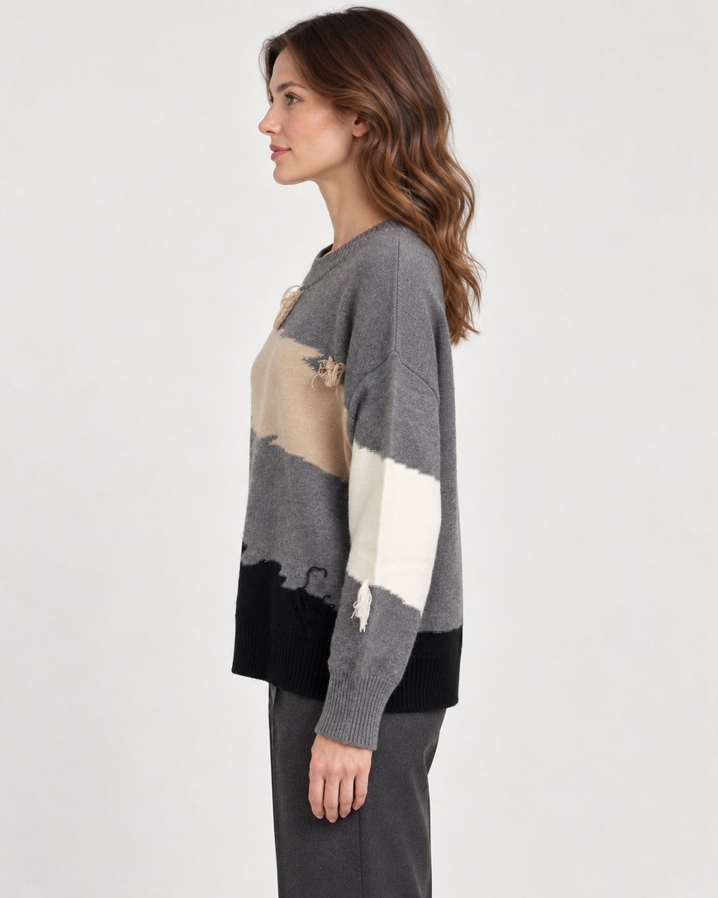 Maglione Girocollo Color Block con Frange