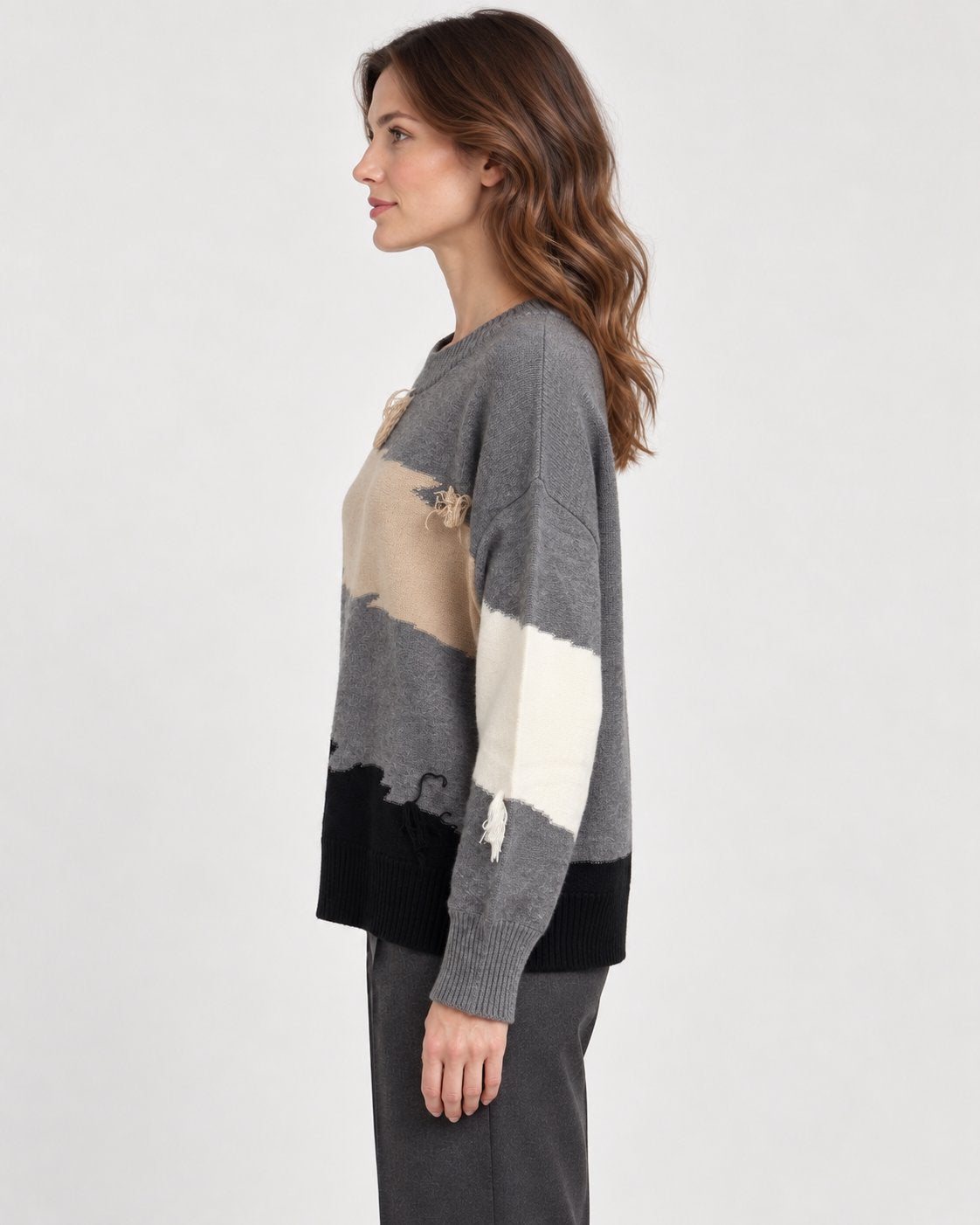 Maglione Girocollo Color Block con Frange