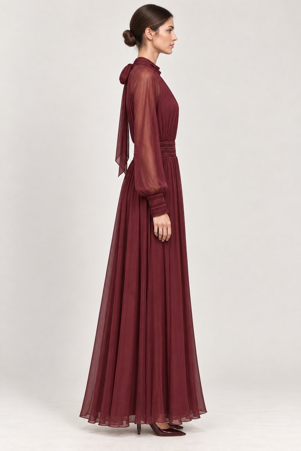 Abito lungo in chiffon bordeaux
