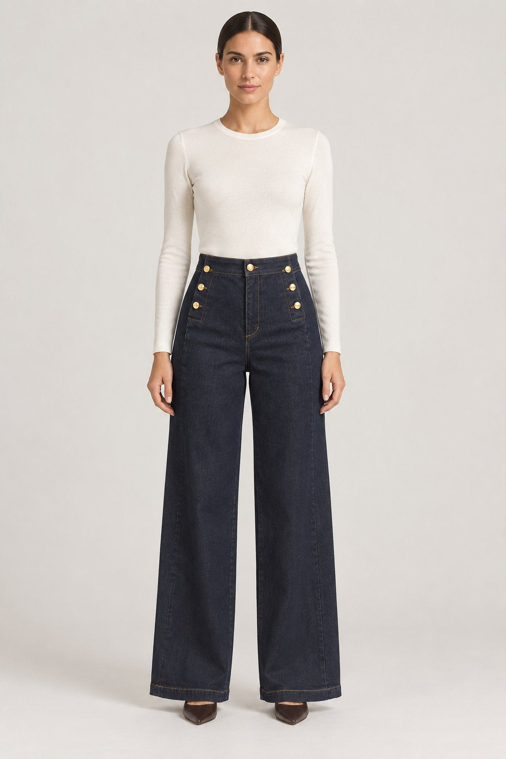 Jeans palazzo con bottoni dorati blu scuro