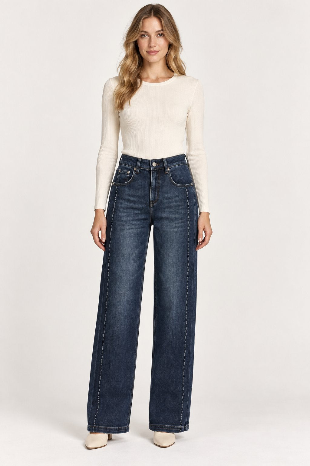 Jeans Palazzo Blu con Cuciture Ondulate Goa Goa