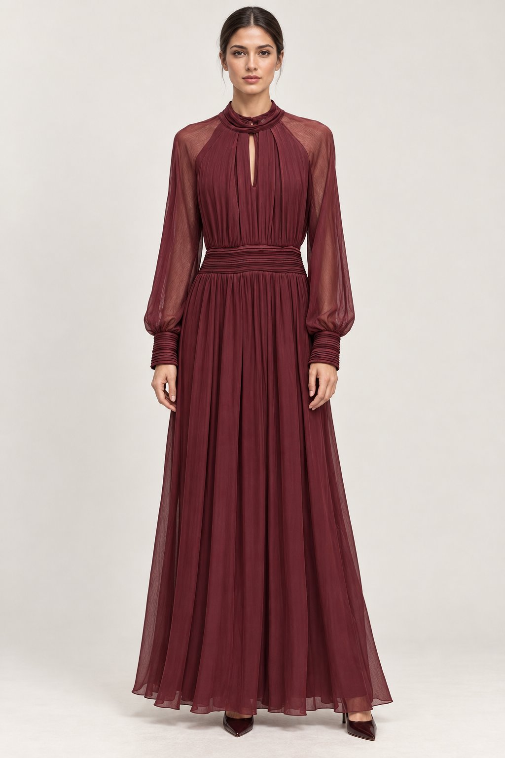 Abito lungo in chiffon bordeaux