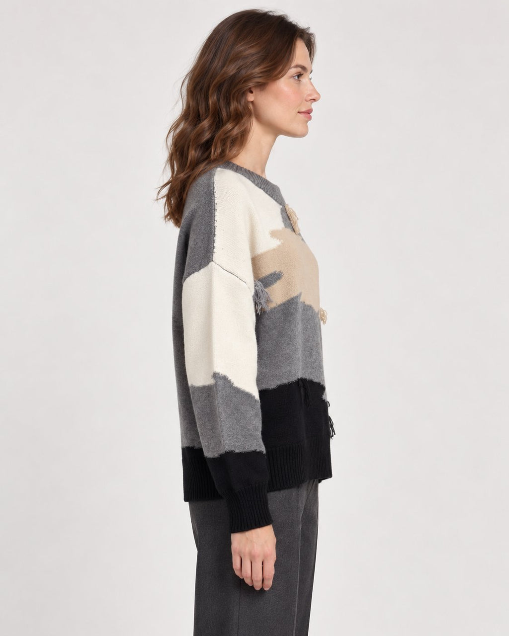 Maglione Girocollo Color Block con Frange