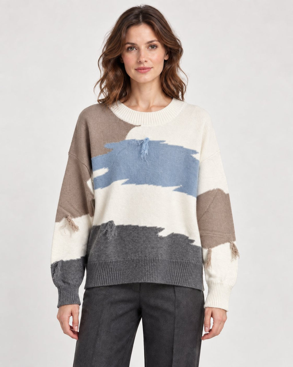 Maglione Girocollo Color Block con Frange