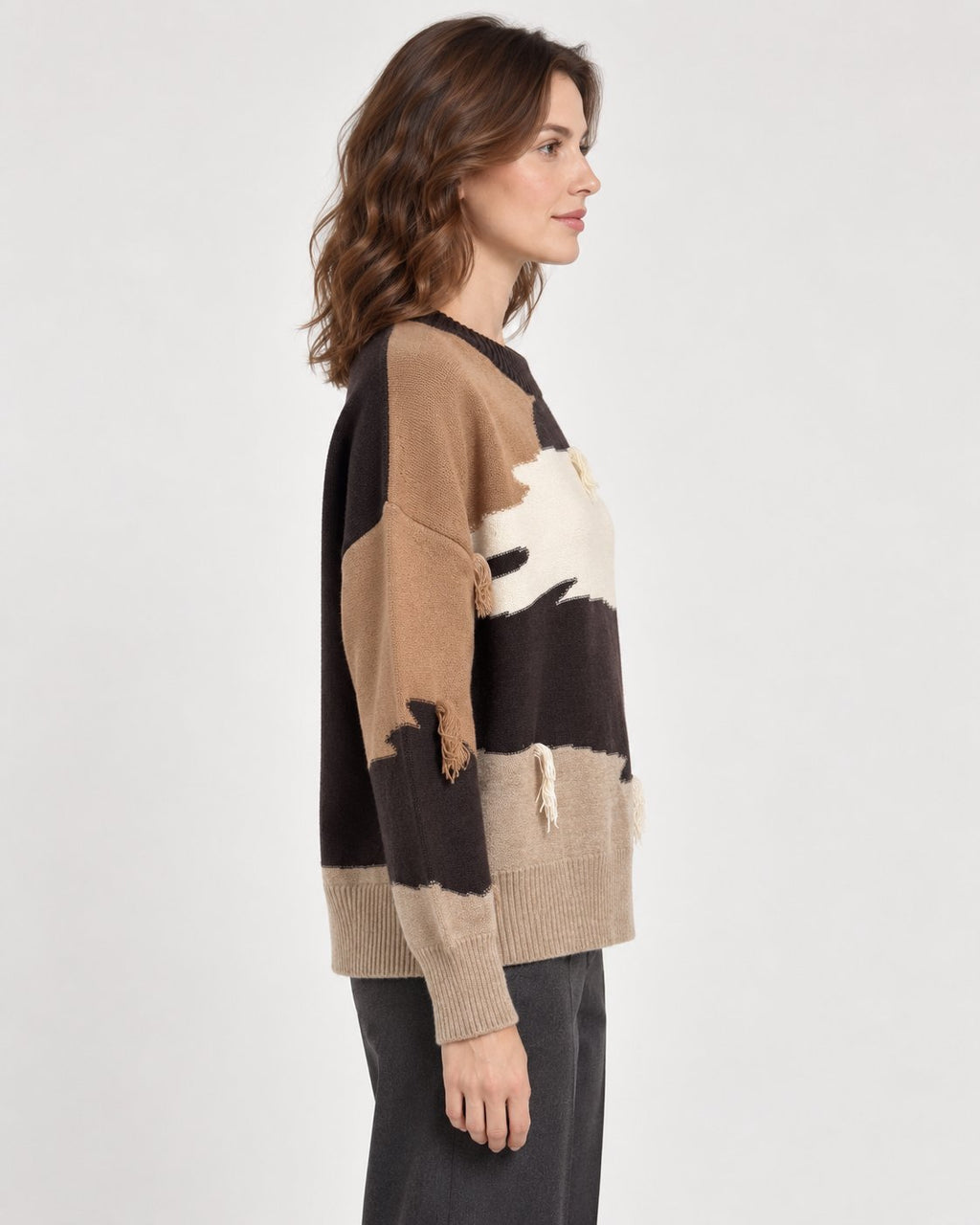 Maglione Girocollo Color Block con Frange
