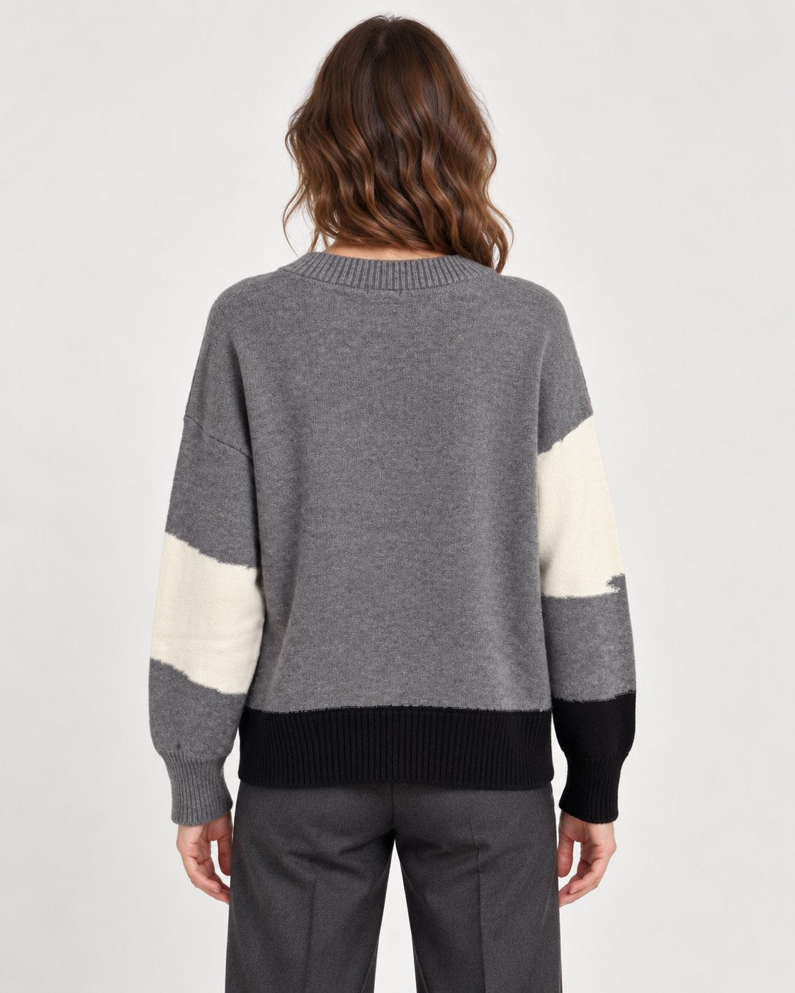 Maglione Girocollo Color Block con Frange