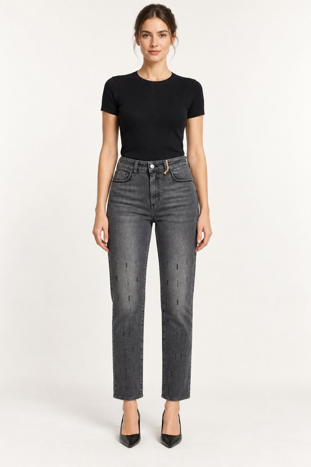 Jeans Straight Grigio con Micro Applicazioni