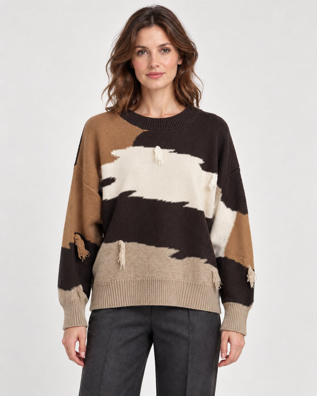 Maglione Girocollo Color Block con Frange