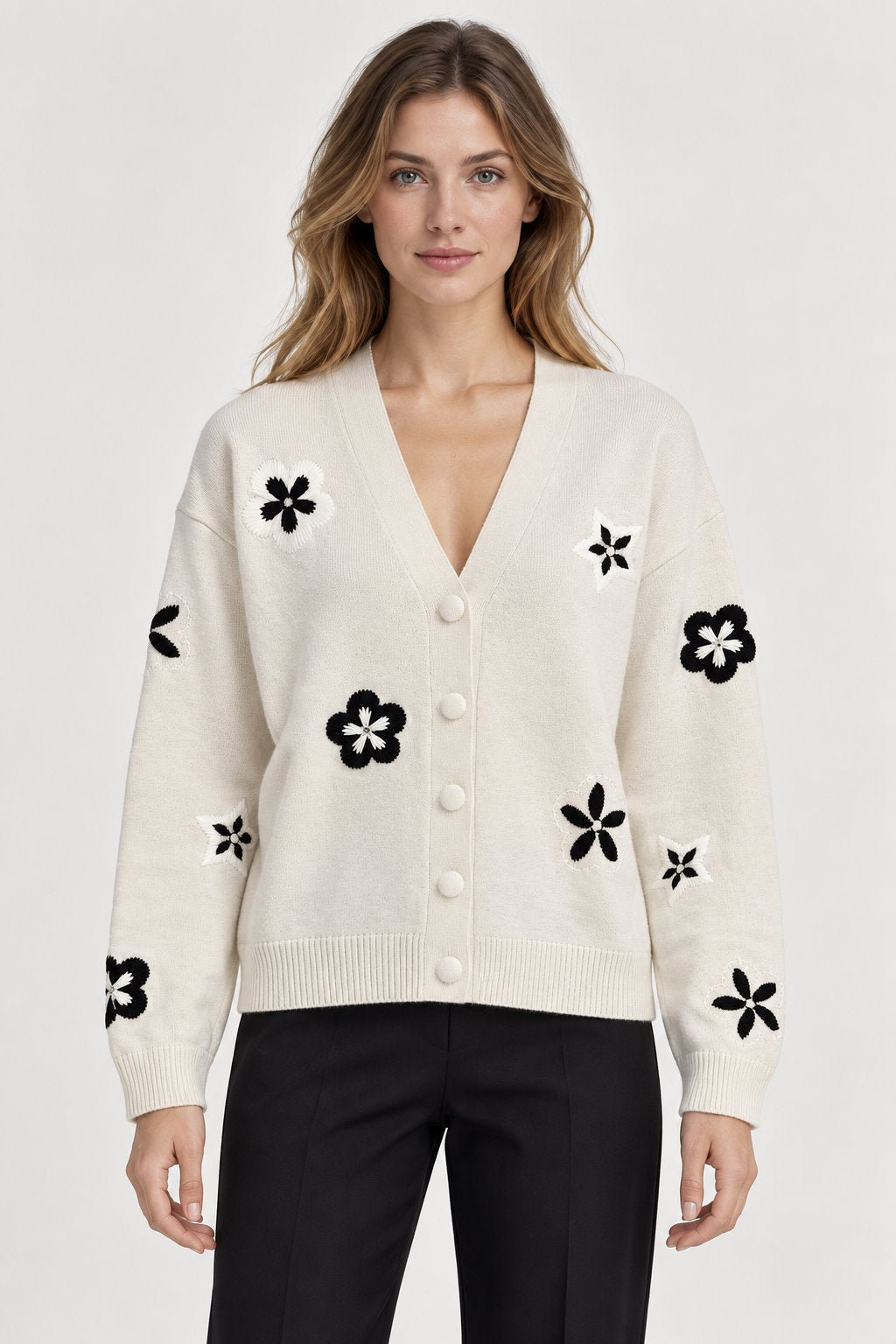 Cardigan Bicolor con Ricami Floreali