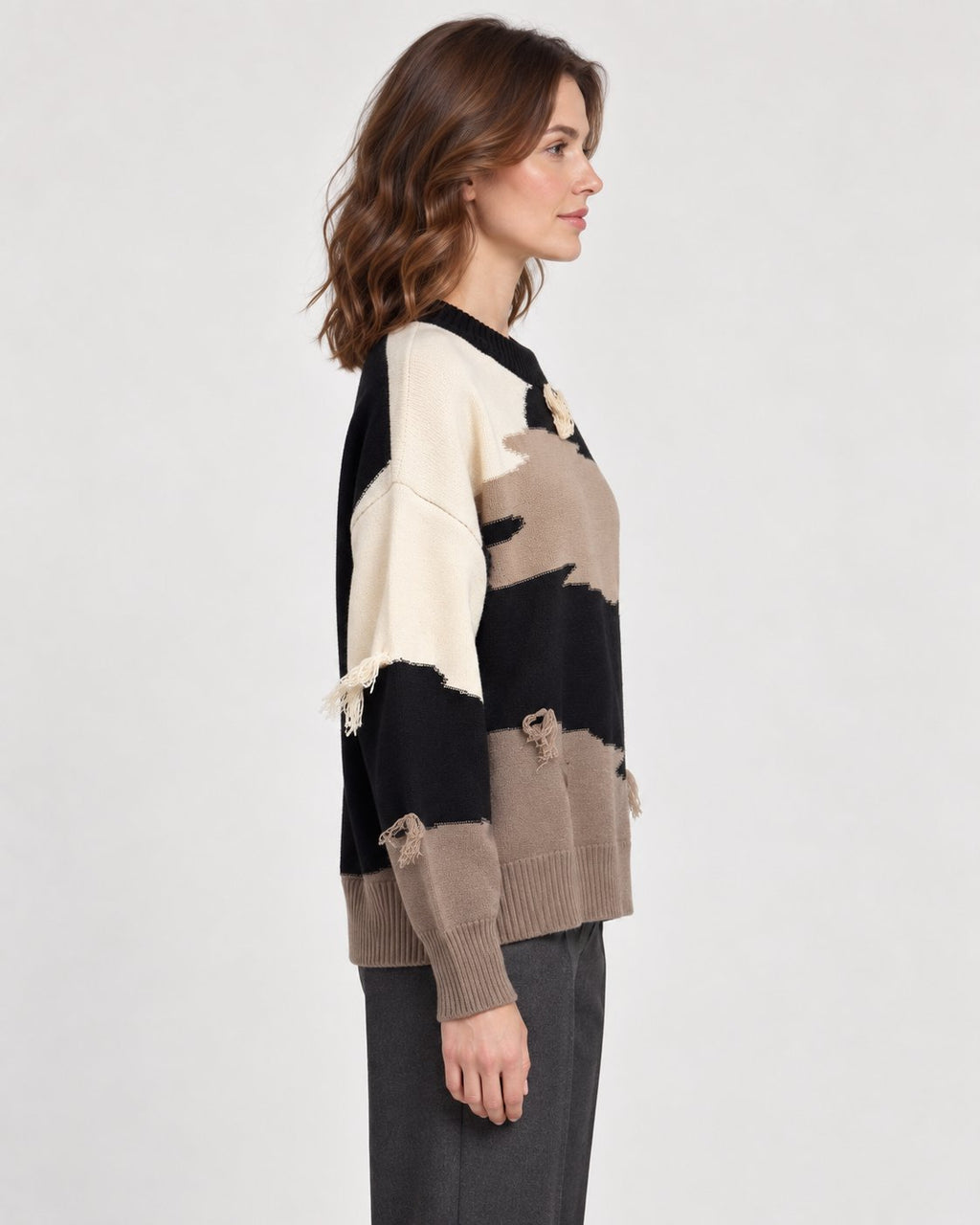 Maglione Girocollo Color Block con Frange