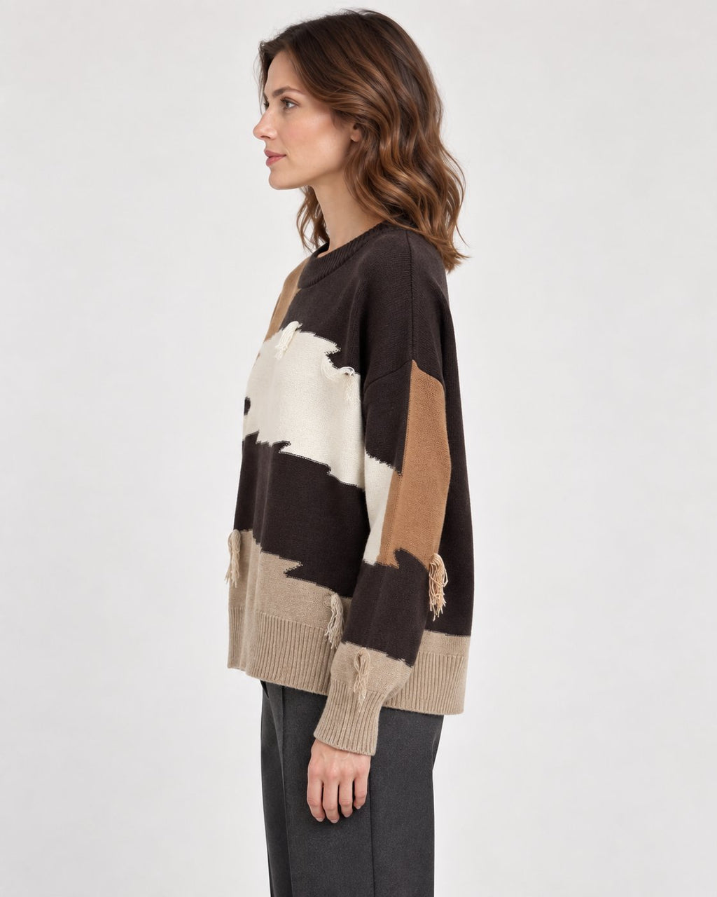 Maglione Girocollo Color Block con Frange