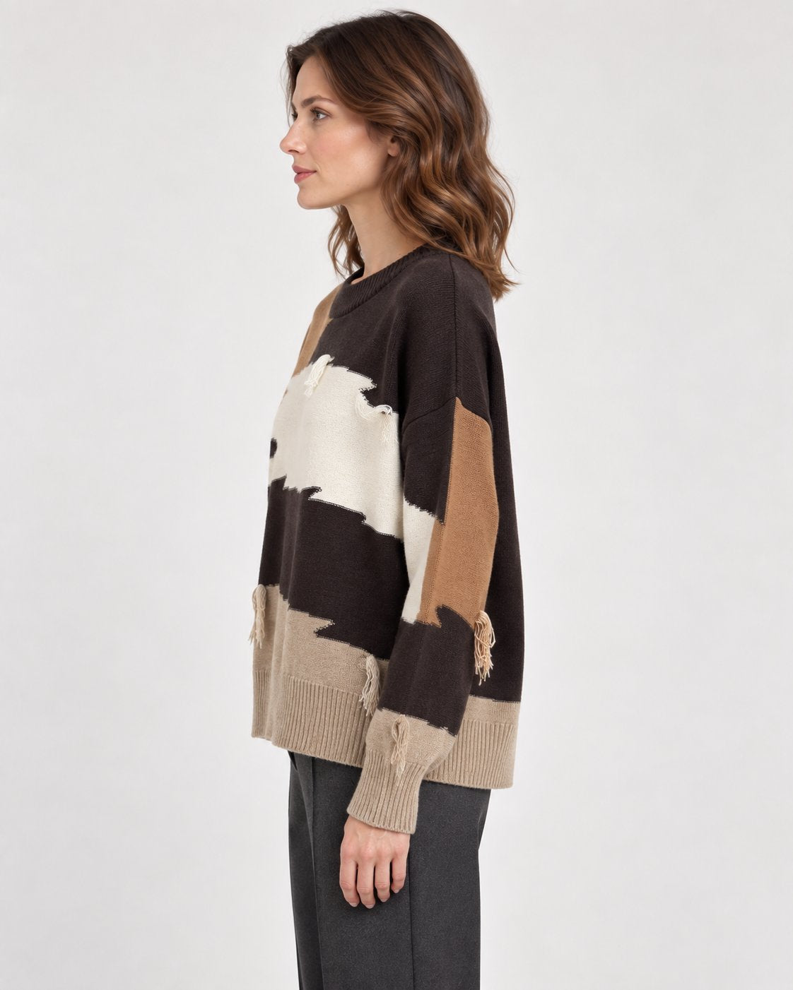 Maglione Girocollo Color Block con Frange