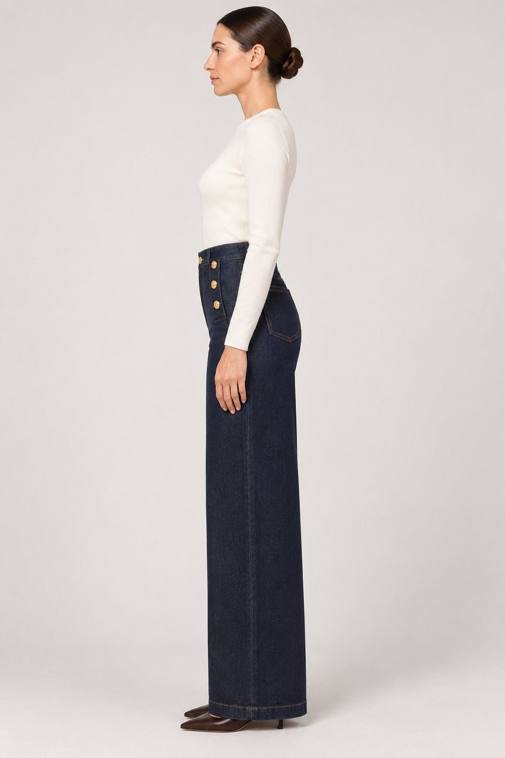 Jeans palazzo con bottoni dorati blu scuro