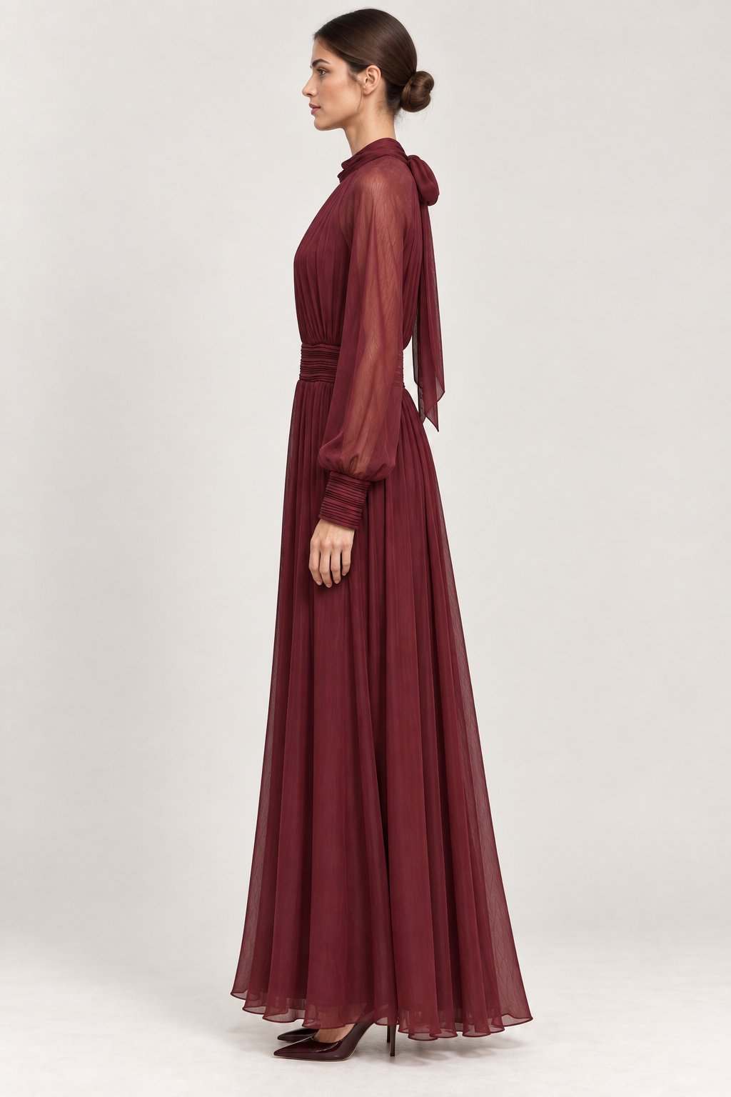 Abito lungo in chiffon bordeaux