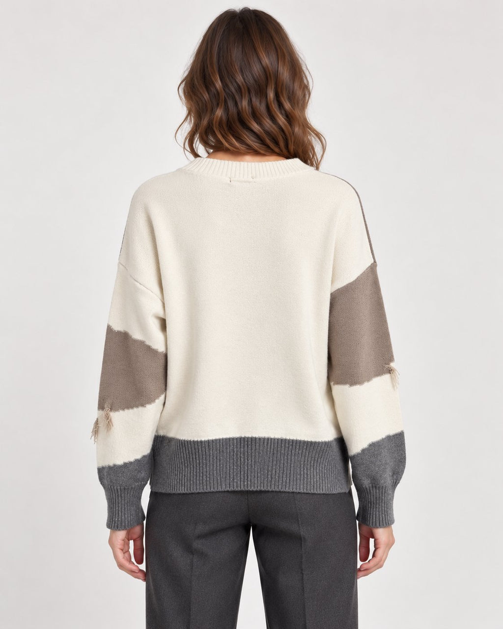 Maglione Girocollo Color Block con Frange