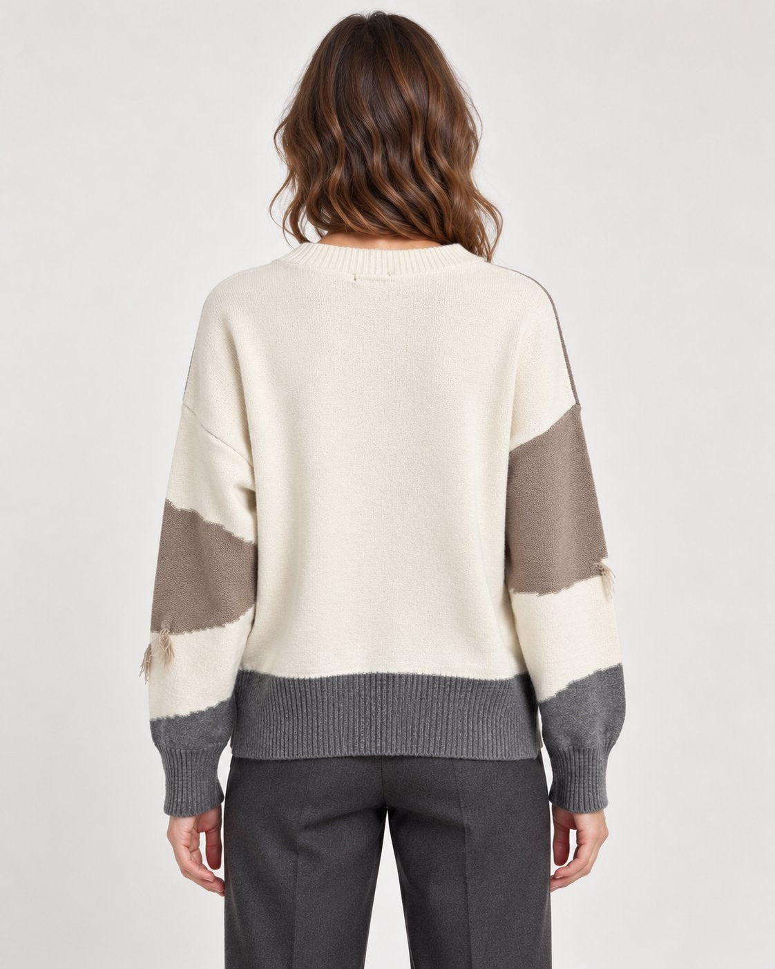 Maglione Girocollo Color Block con Frange