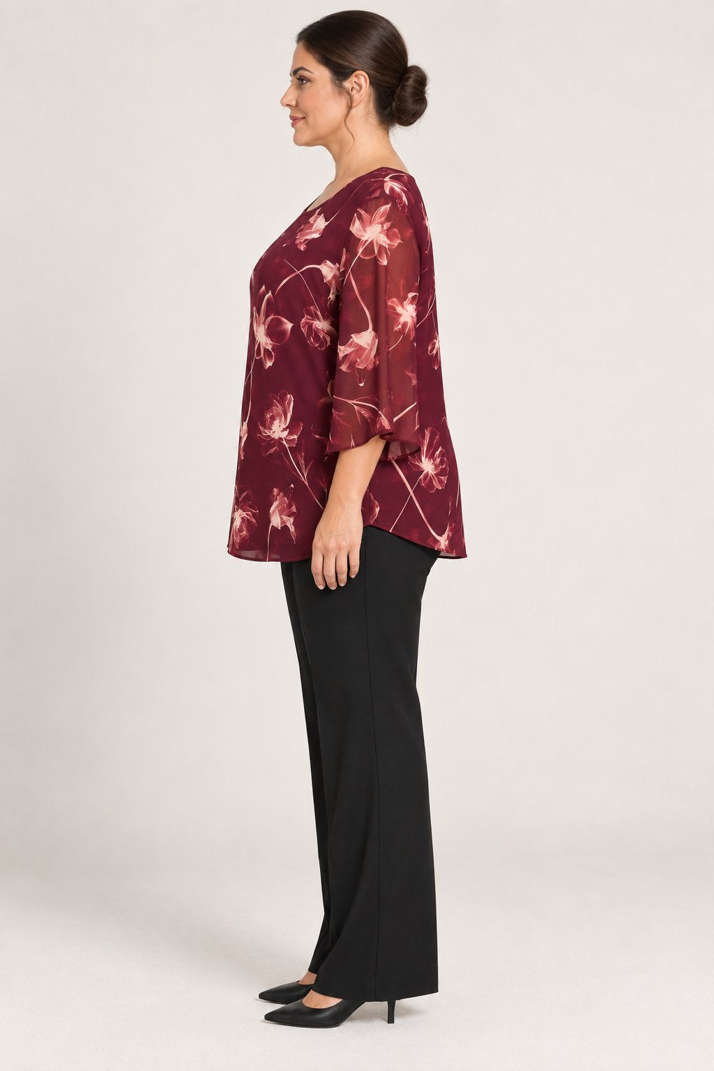 Blusa floreale in chiffon bordeaux