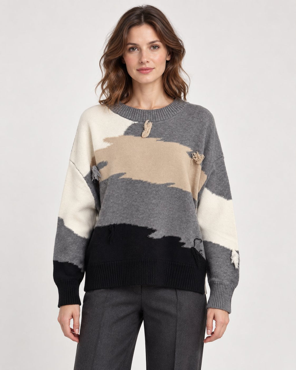 Maglione Girocollo Color Block con Frange