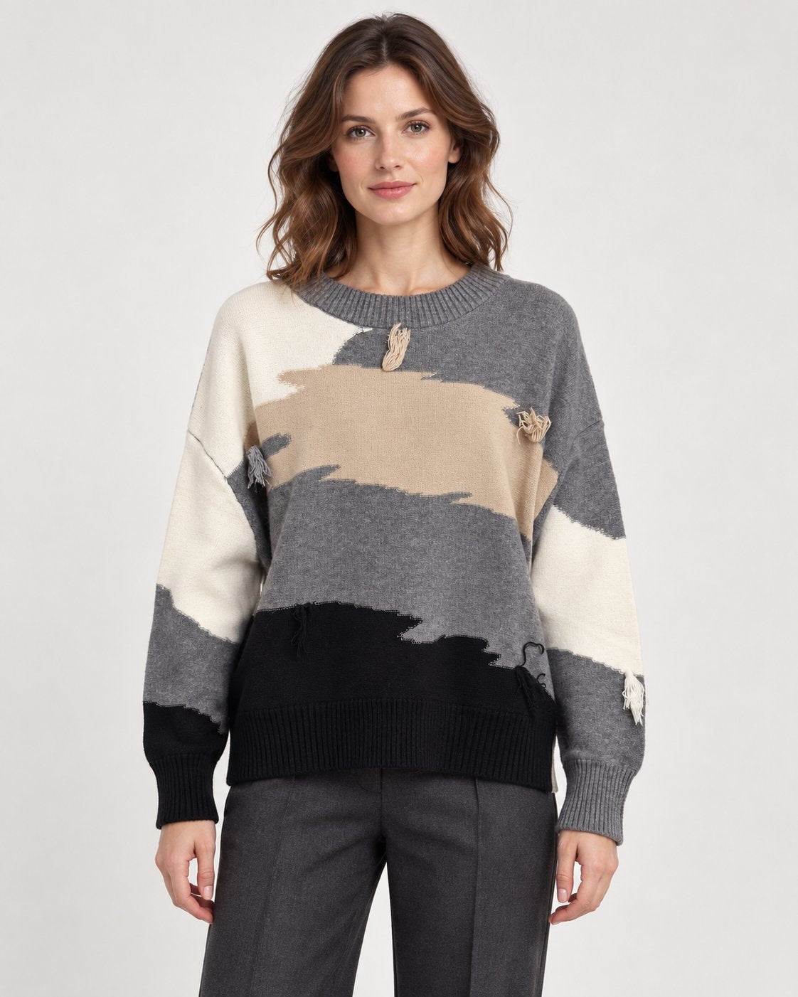 Maglione Girocollo Color Block con Frange
