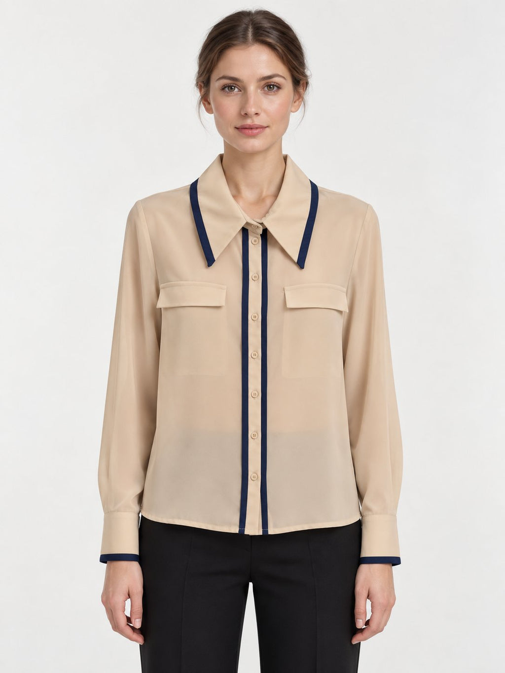 Camicia Fluida Avorio con Profili Navy