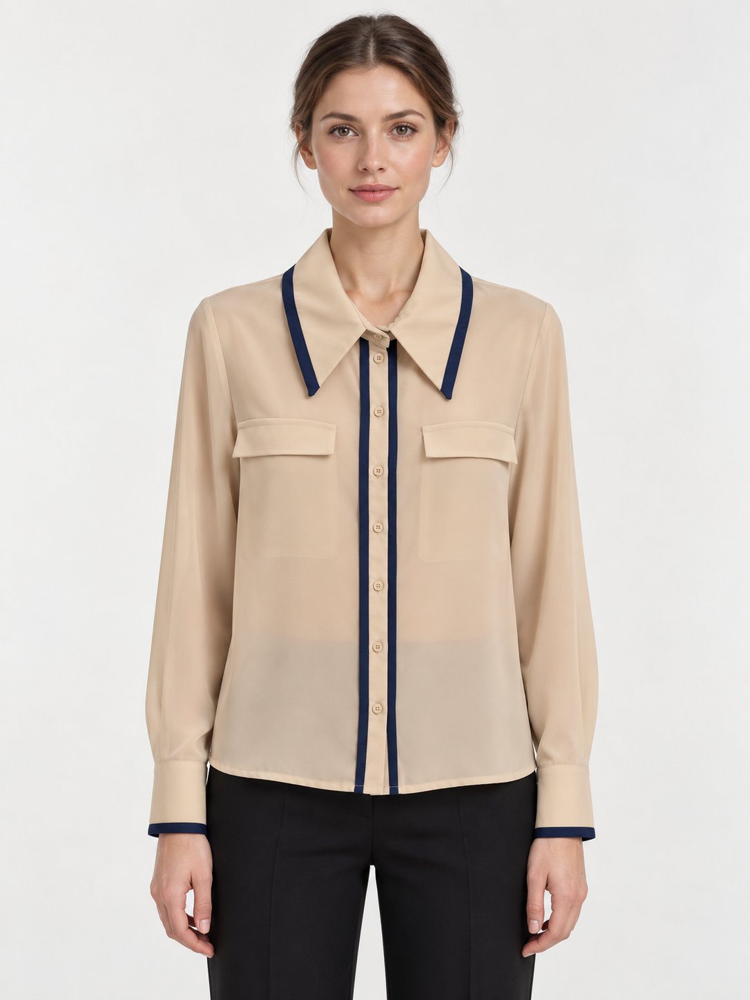 Camicia Fluida Avorio con Profili Navy