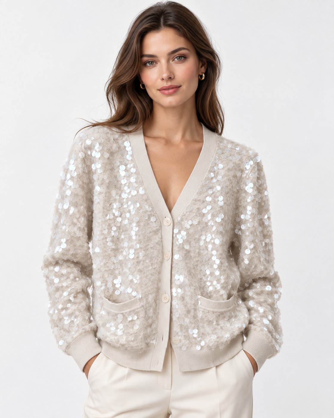 Cardigan in Maglia con Paillettes Avorio
