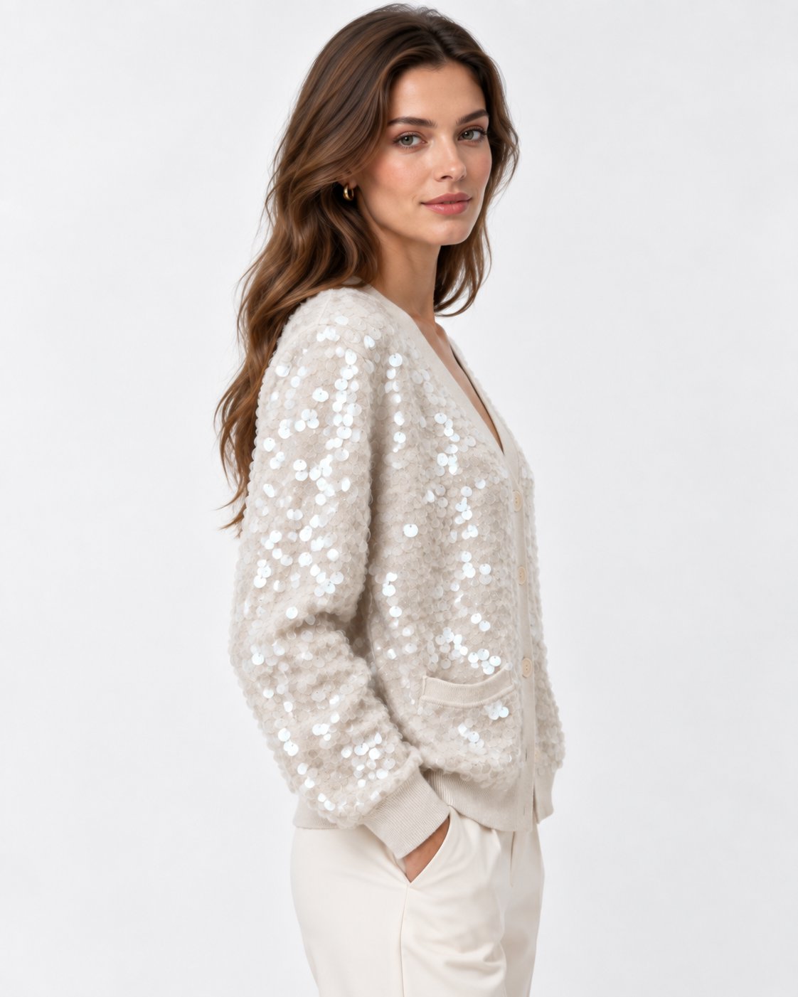 Cardigan in Maglia con Paillettes Avorio