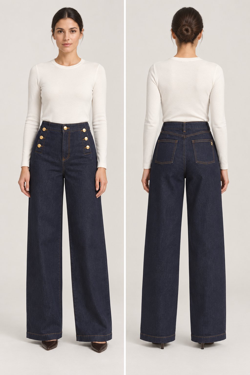 Jeans palazzo con bottoni dorati blu scuro