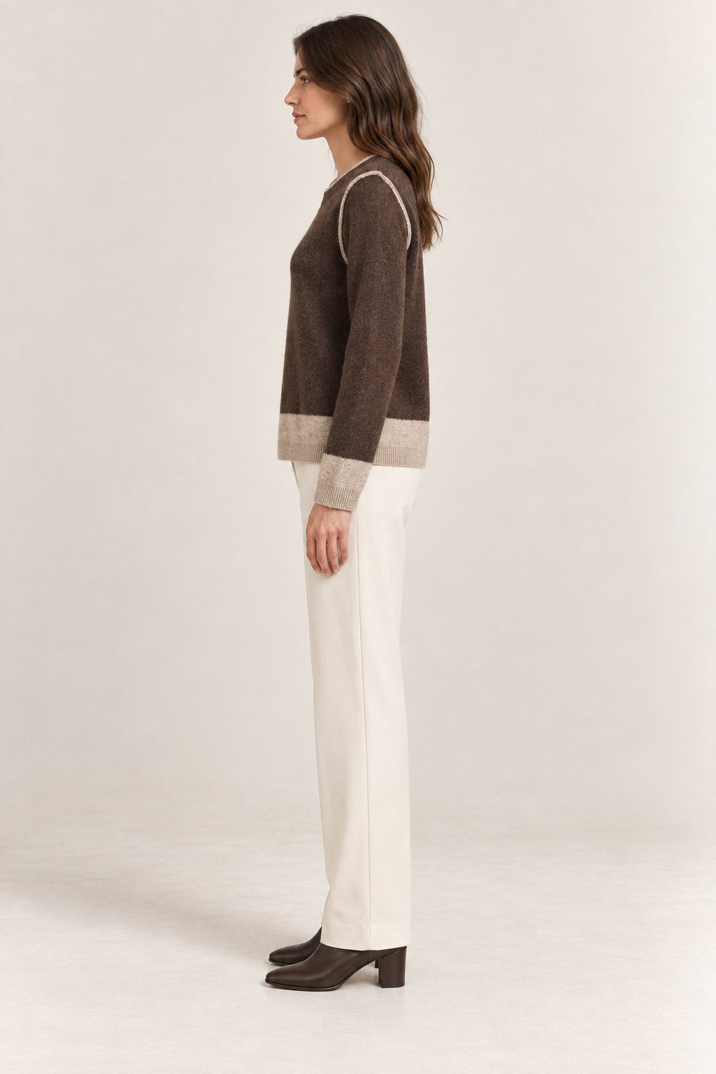 Maglia girocollo bicolore marrone e beige