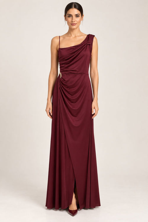 Abito lungo drappeggiato con gioiello bordeaux