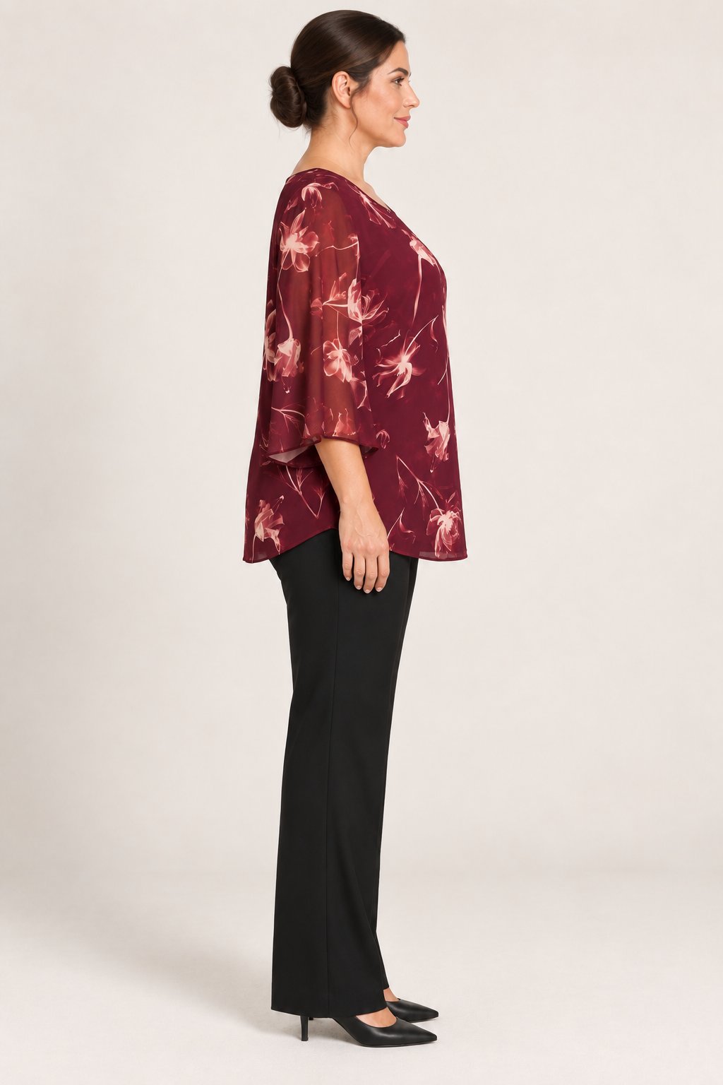 Blusa floreale in chiffon bordeaux