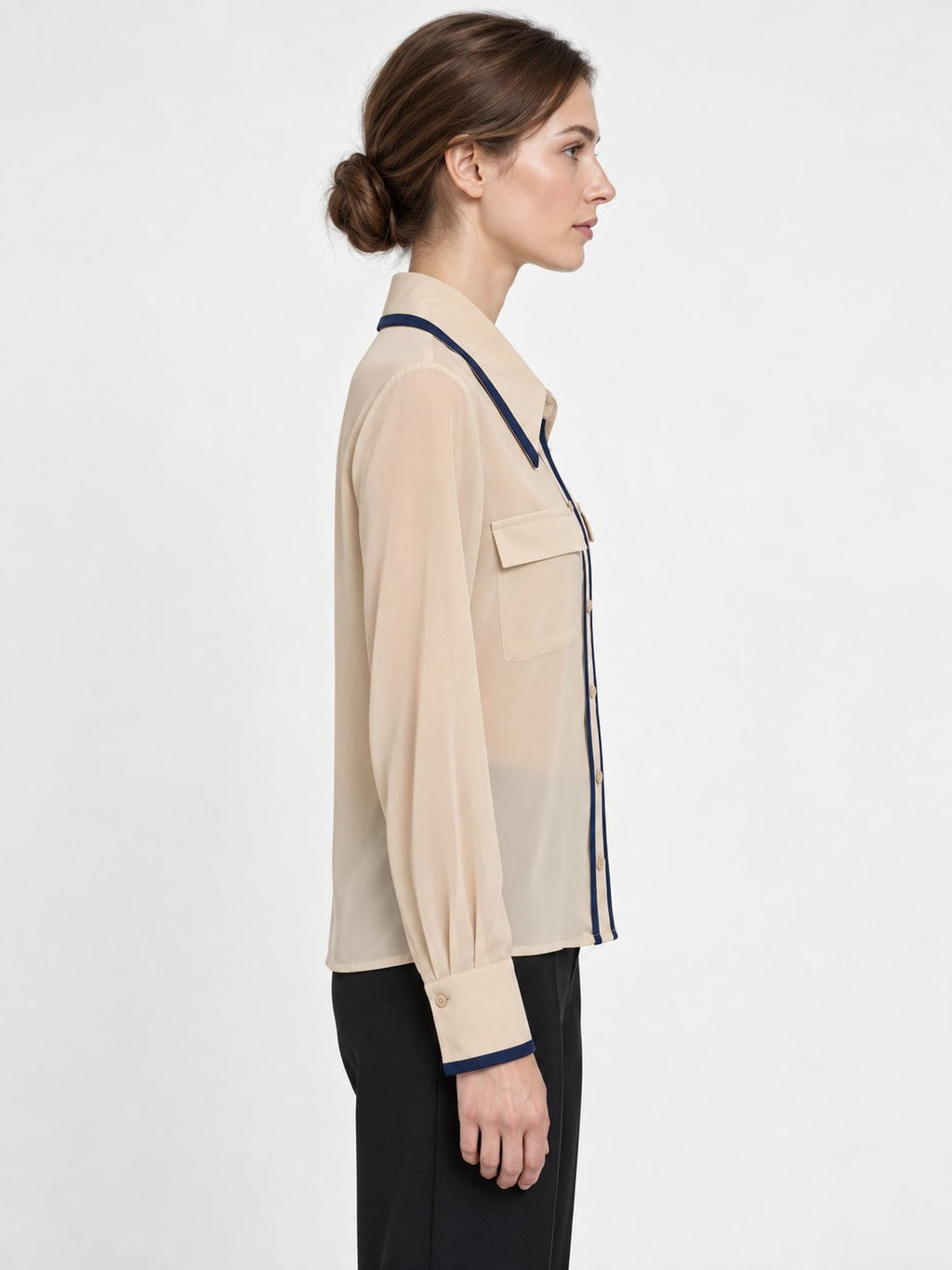 Camicia Fluida Avorio con Profili Navy