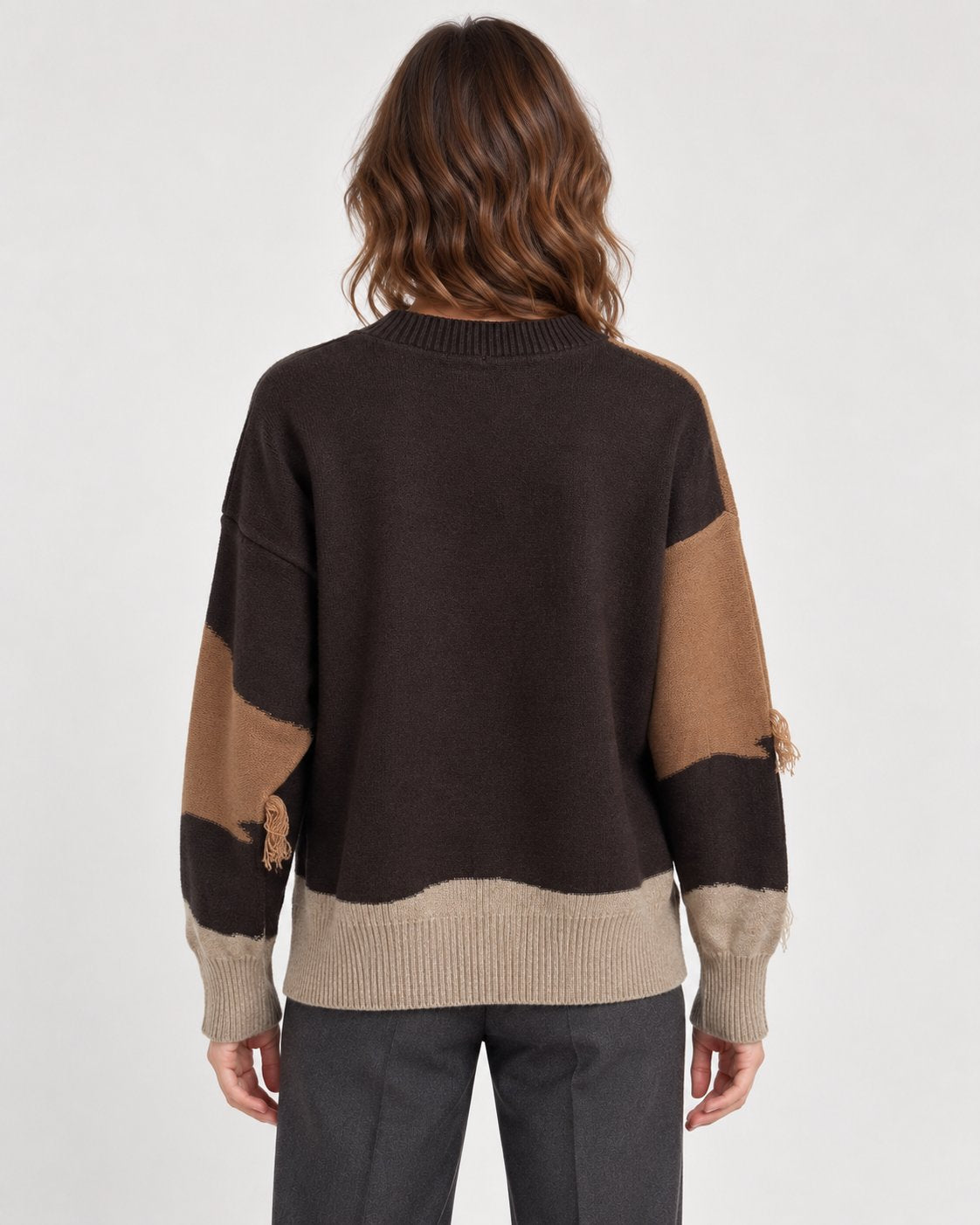 Maglione Girocollo Color Block con Frange