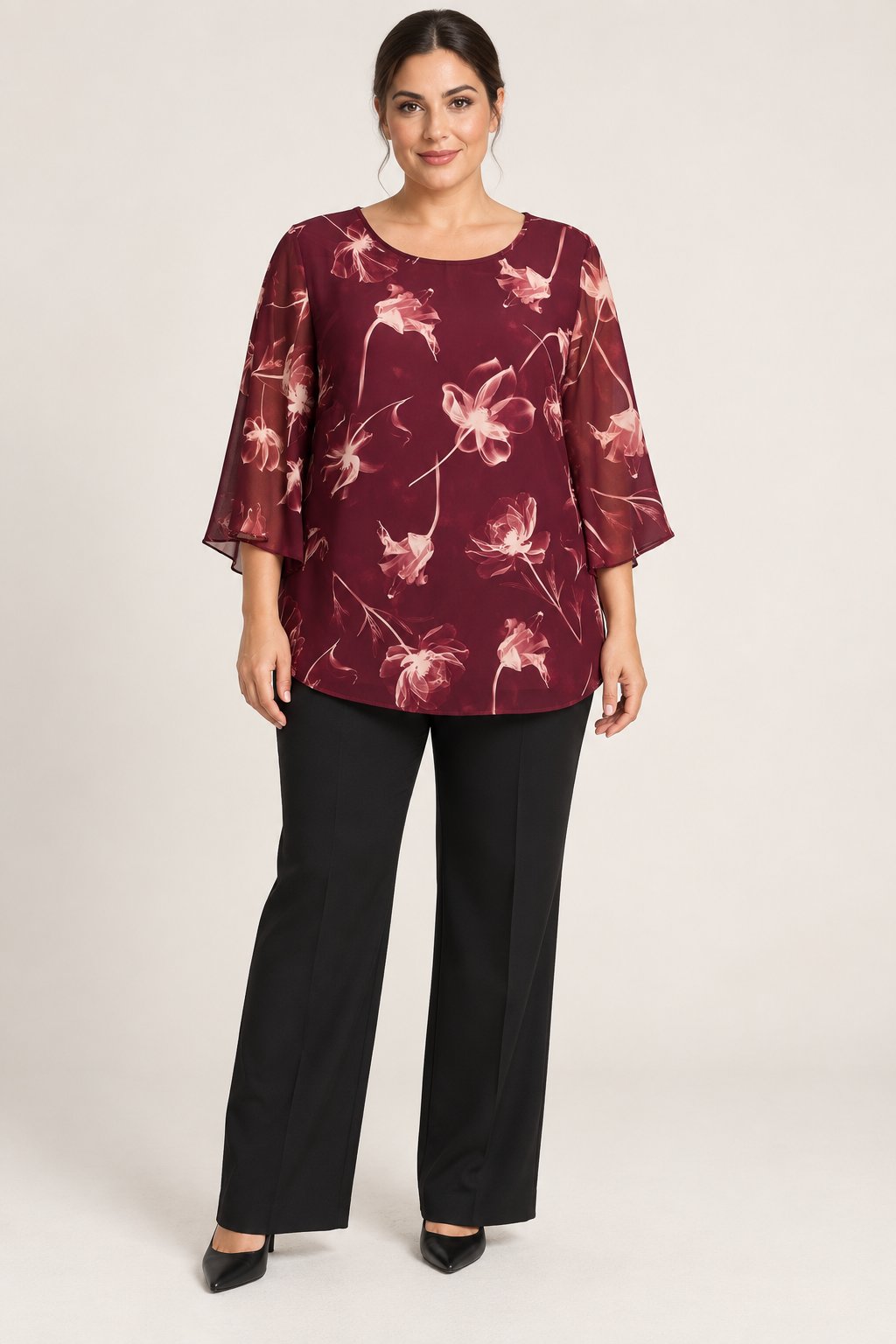Blusa floreale in chiffon bordeaux