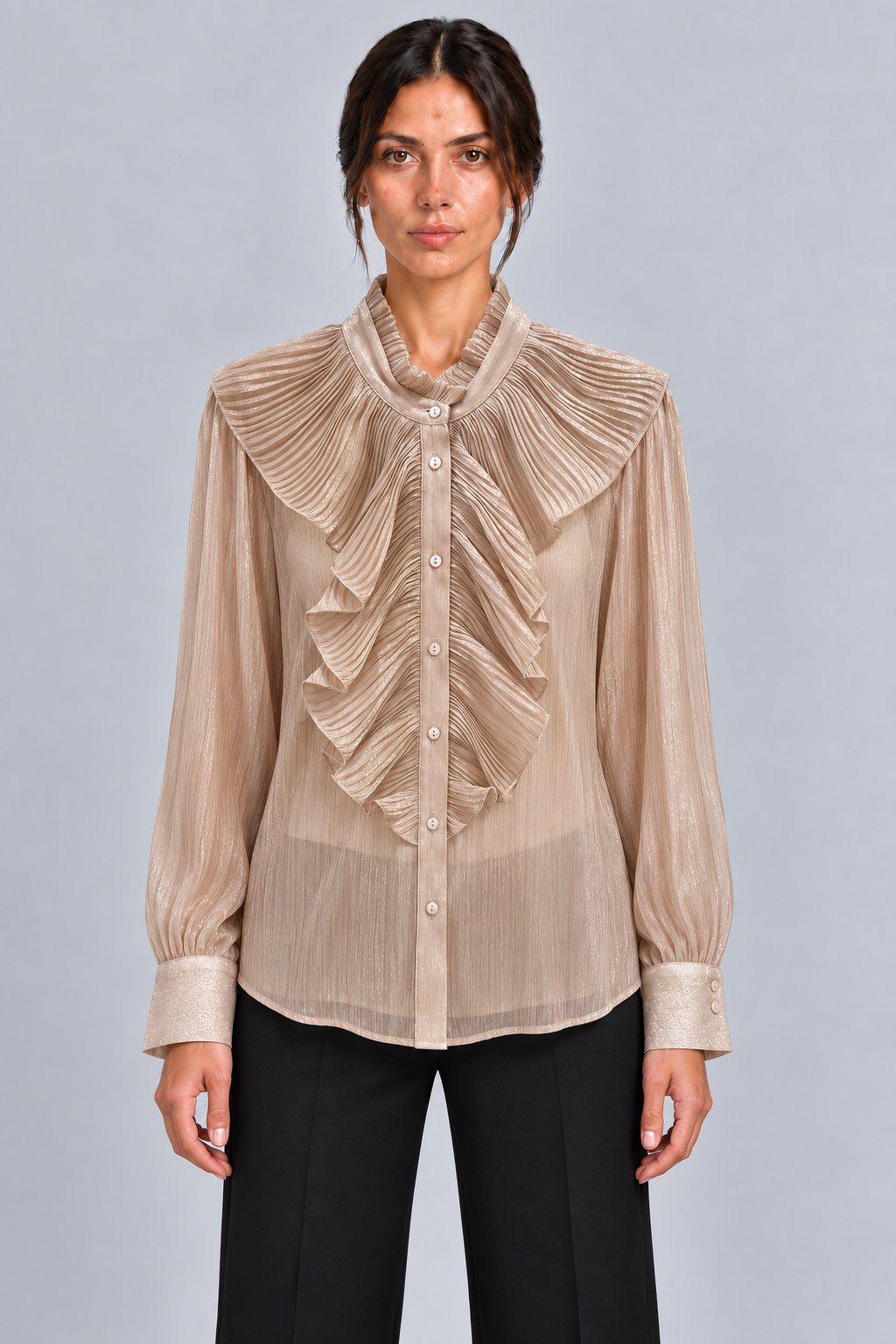 Camicia plissettata con volant champagne