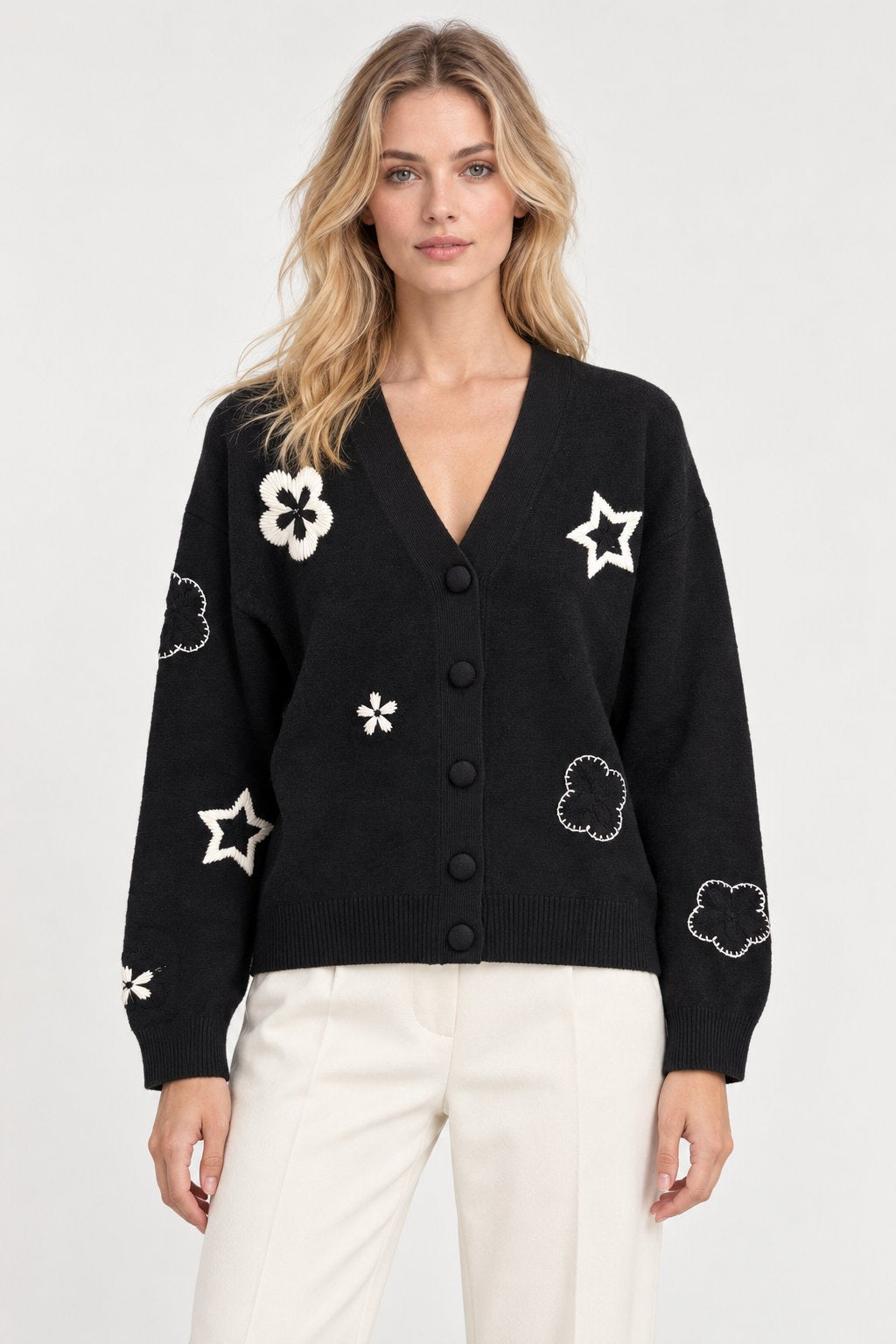 Cardigan Bicolor con Ricami Floreali