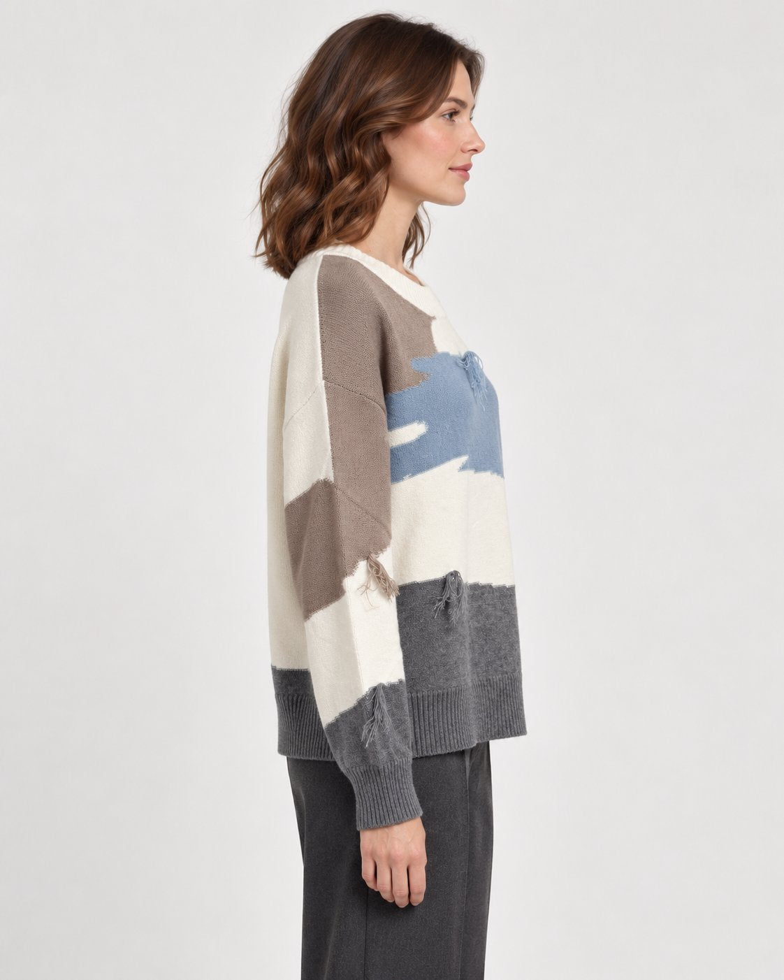 Maglione Girocollo Color Block con Frange