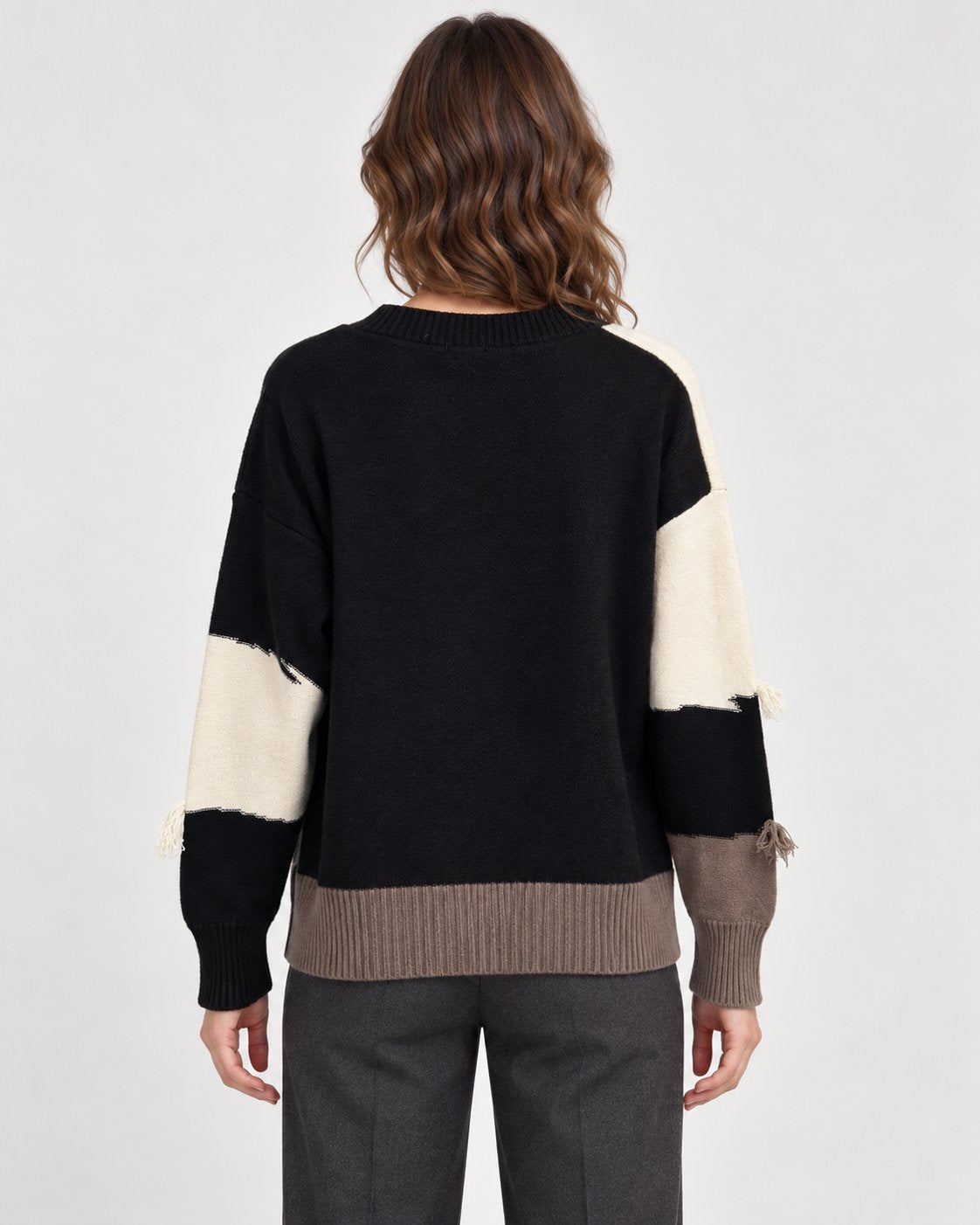 Maglione Girocollo Color Block con Frange