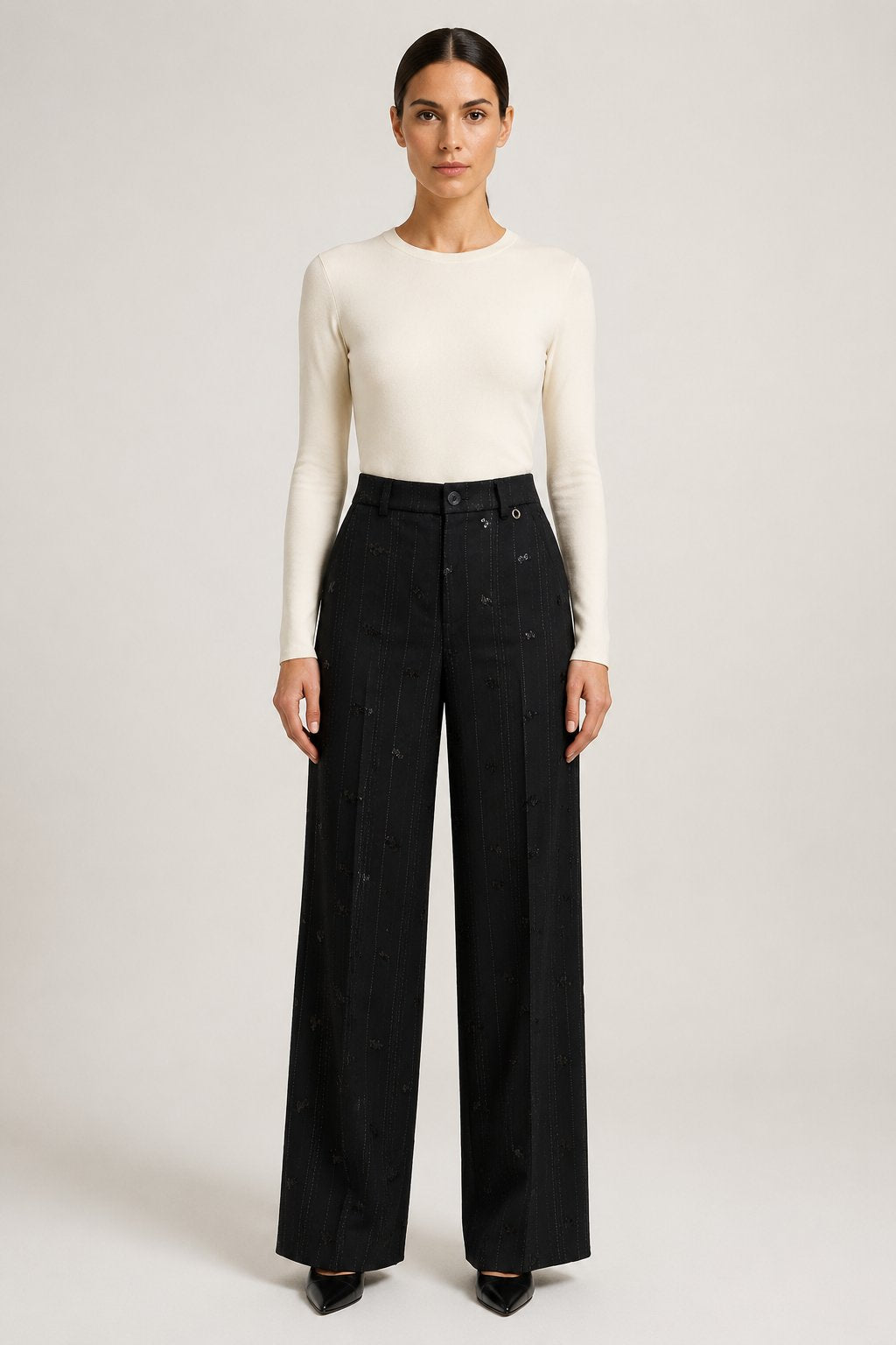 Pantalone palazzo con paillettes nero