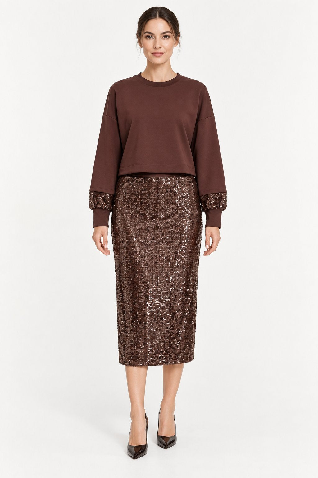 Gonna Midi Marrone in Paillettes Rinascimento
