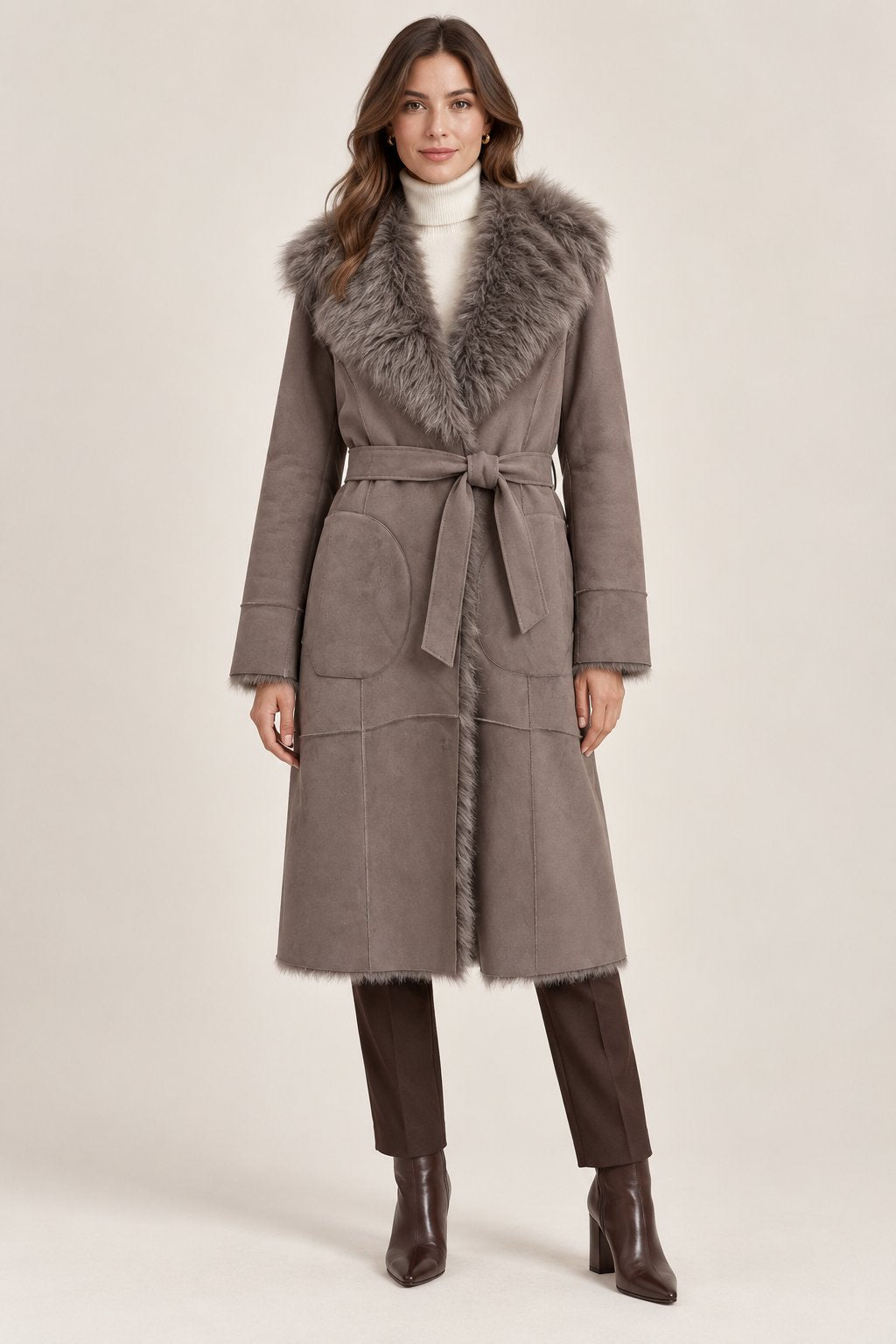 Cappotto lungo effetto montone tortora