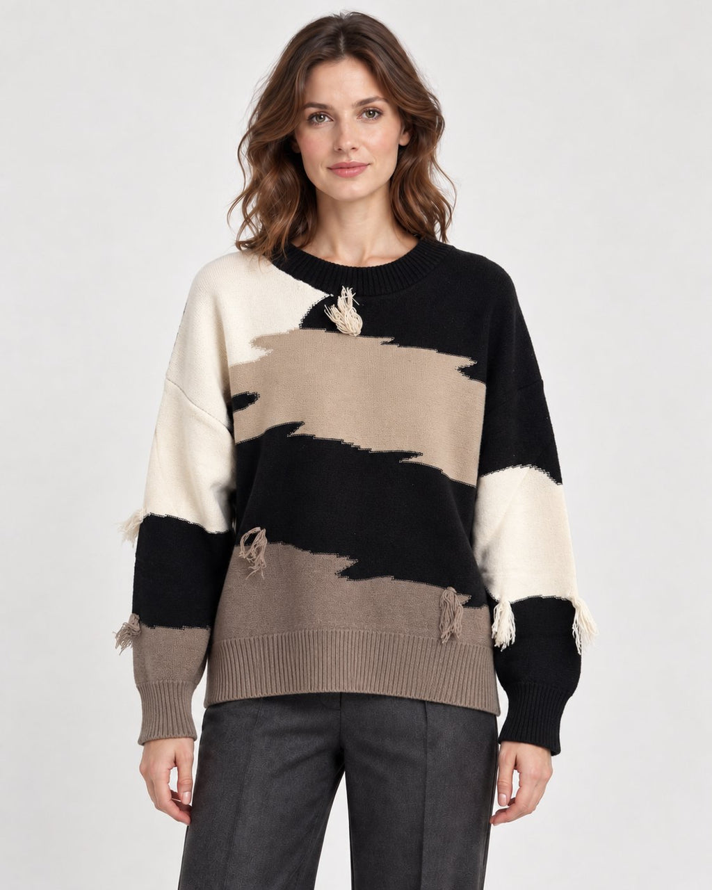 Maglione Girocollo Color Block con Frange