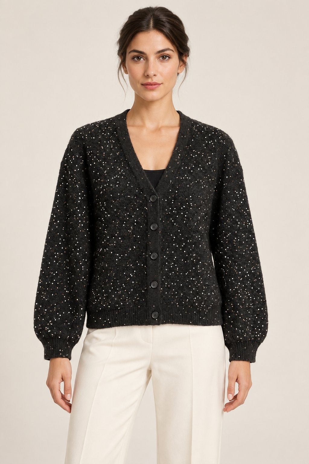 Cardigan nero con micro-paillettes