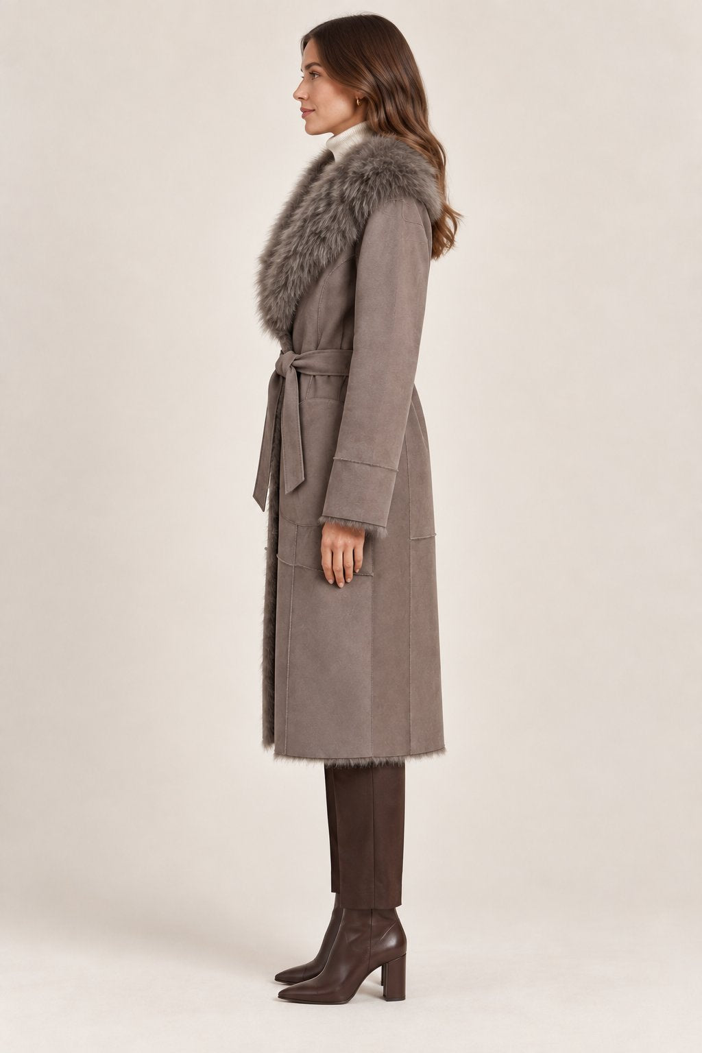 Cappotto lungo effetto montone tortora